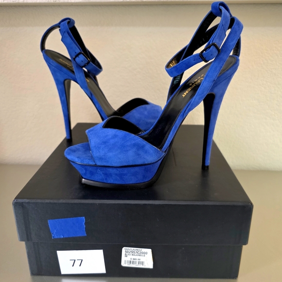 Saint Laurent Blue Suede Platform Stiletto Ankle Strap Buckle Heels EU 38 - Picture 2 of 13